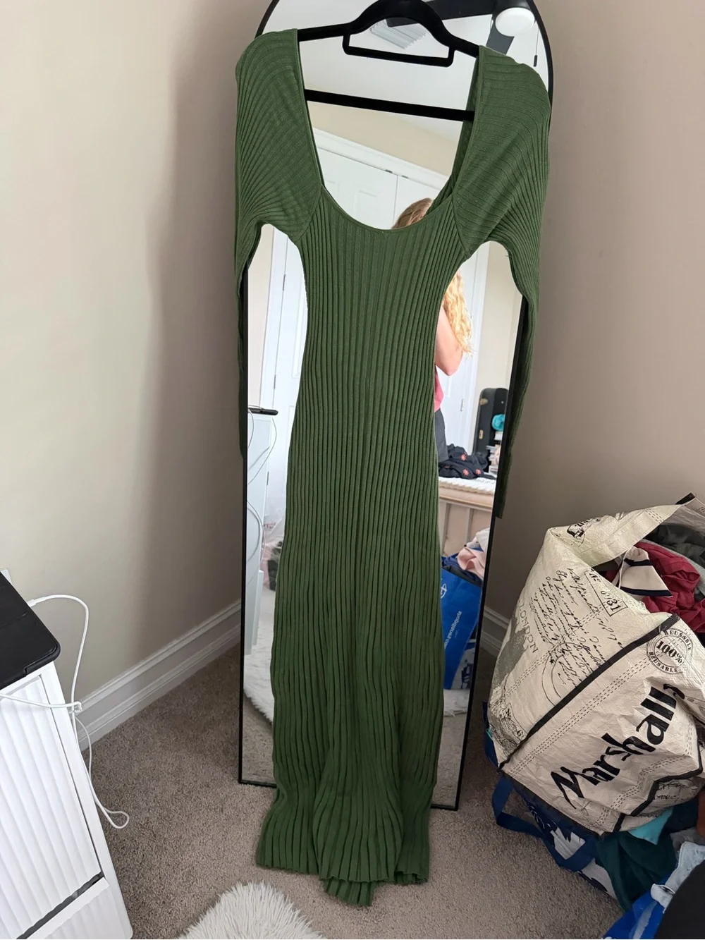 Free People Olive Green Long Sleeve Ribbed Twist-Front Maxi Dress